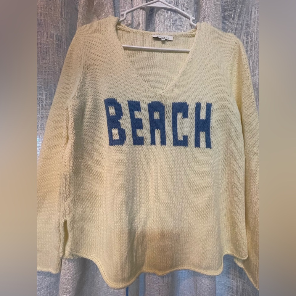 Miracle Cream V-Neck Sweater with Blue 'BEACH' Lettering